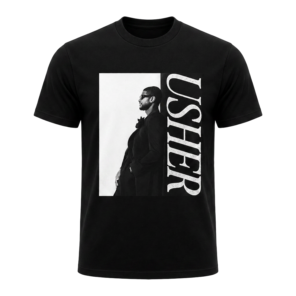Black Usher profile graphic t-shirt merchandise mockup