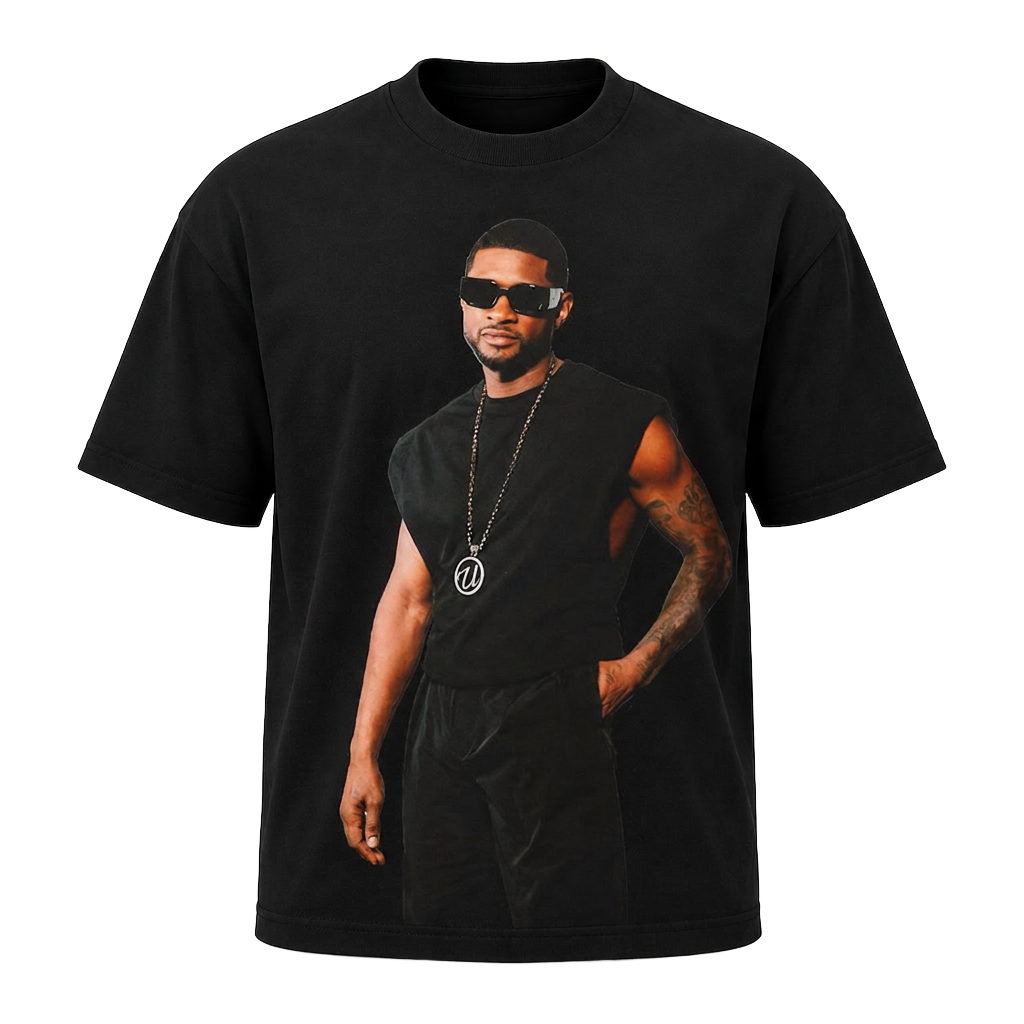 Black Usher graphic t-shirt merchandise mockup